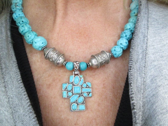 Carved TURQUOISE Necklace with Turquoise Cross>Sterling Silver Cross necklace,Turquoise Cross,Turquoise Necklace,Genuine Carved Turquoise