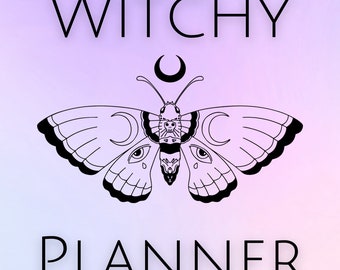 May include: A graphic design featuring a moth with crescent moon and eye details, with the words "WITCHY PLANNER" in a sans-serif font. The background has a gradient of purple and pink.