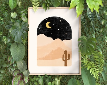 Abstract Desert Print - Celestial Print - Abstract Mountains - Geometric Print - Cactus Art - Boho Decor - Desert Landscape - Moon - Stars