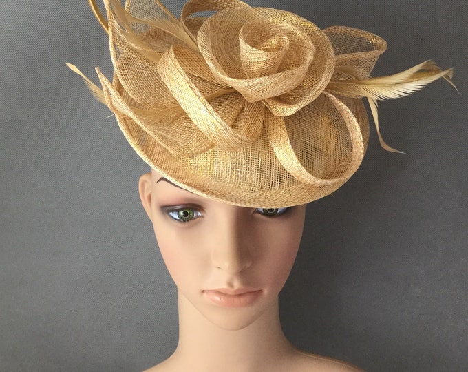 Gold Fascinator Sinamay Hat Fascinator With Mesh Ribbons and Etsy