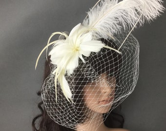 White Feather Fascinator Headband Hair Clip  Fascinator with Feathers and Veiling Christmas Fascinator Derby Fascinator hat