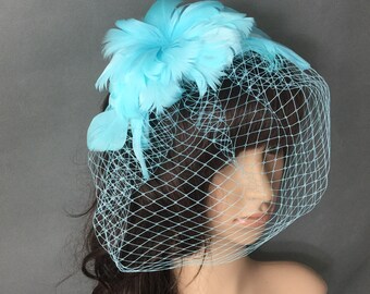 Light Blue Feather Fascinator Headband Hair Clip  Fascinator with Feathers and Veiling Christmas Fascinator Derby Fascinator hat