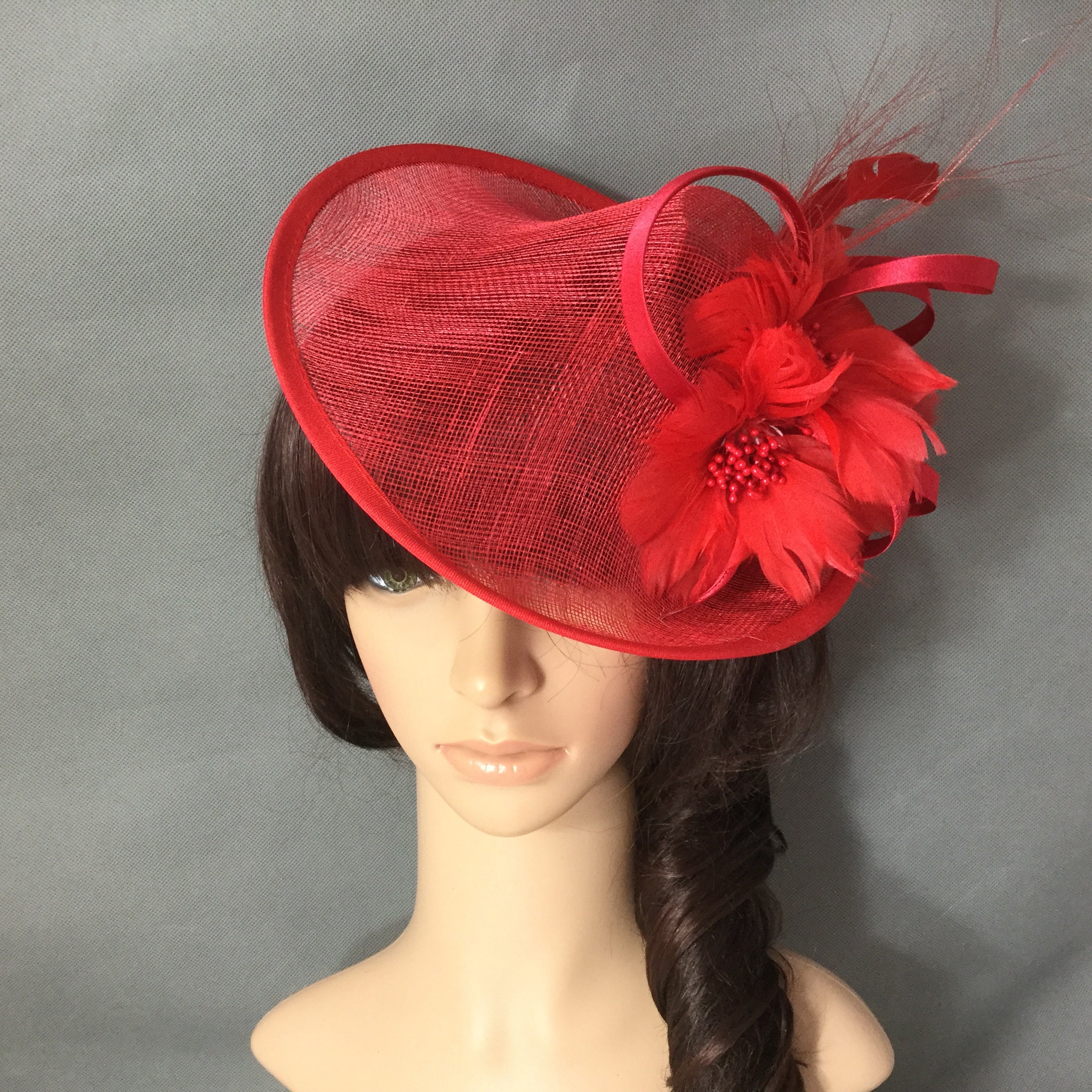 Red Fascinator Sinamay Hat Fascinator with Feather Flowers