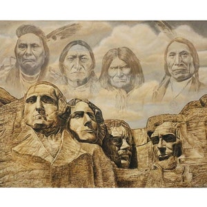 May include: A painting depicting the faces of four presidents carved into Mount Rushmore, with the faces of four Native American chiefs superimposed over them in a hazy, ethereal style.