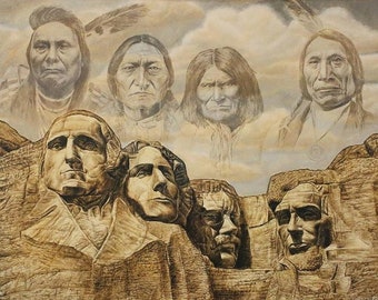 Native American Mount Rushmore "Founding Fathers" Art Print David Behrens//Chief Joseph/Sitting Bull/Geronimo/Red Cloud Indian Giclee TShirt