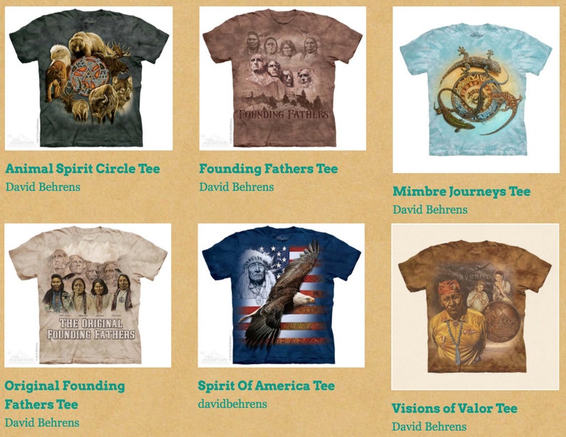 Op de afbeelding: Zes verschillende T-shirts met tie-dye-ontwerpen met verschillende afbeeldingen, waaronder dieren, historische figuren en Native American kunst. De T-shirts zijn allemaal in verschillende kleuren en hebben een vintage look.