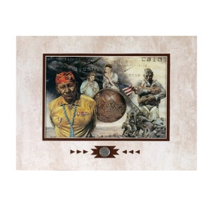 May include: A framed print of a painting depicting a Native American man in a yellow shirt and red hat, surrounded by other figures and a large medal. The text "an-he-tiカーク", "Jayano", "calo", "beshto", "ayeshi", "deheh-11-7106", and "Lotso" is visible in the image.