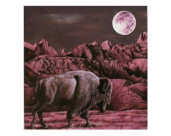 American Buffalo Full Moon Plains &quot;Buffalo Moon Rising&quot; Canvas Giclee Print by Artist David Behrens//Native Indian Bison Prairie Art Wisent