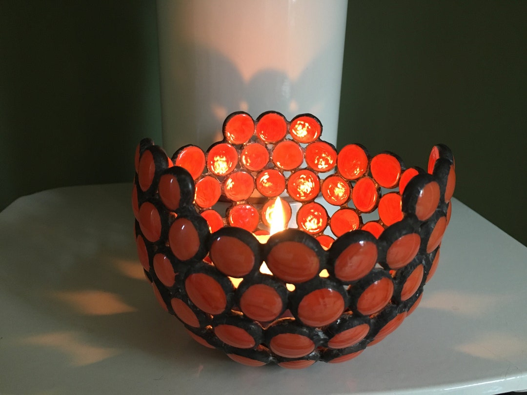 Stained Glass Nugget Bowl, Leaded Glass Bowl, Burnt Orange Bowl, Orange