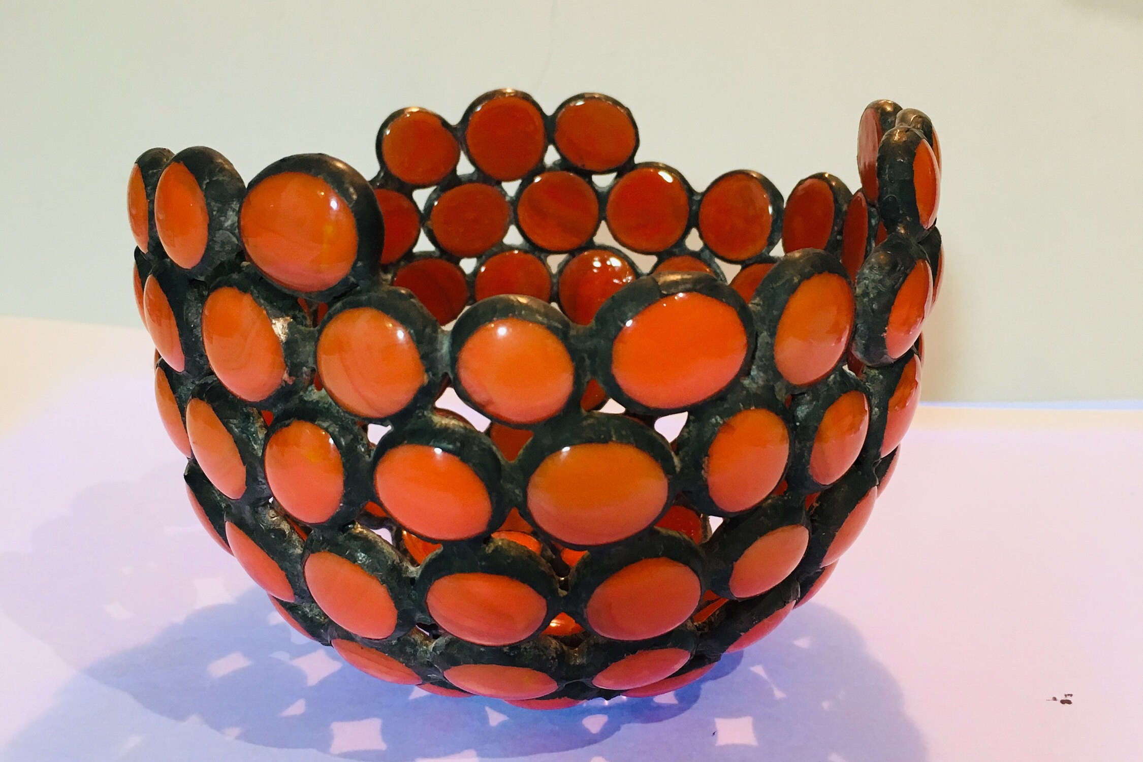 Stained Glass Nugget Bowl Leaded Glass Bowl Burnt Orange Etsy