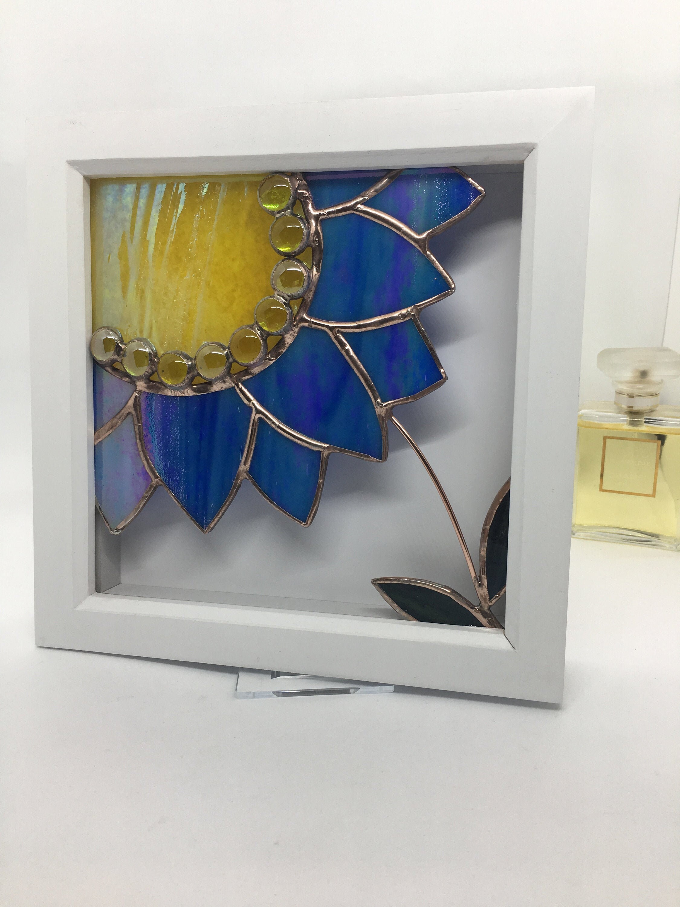 Framed Wall Art Blue Flower Glass Flower Stained Glass Etsy