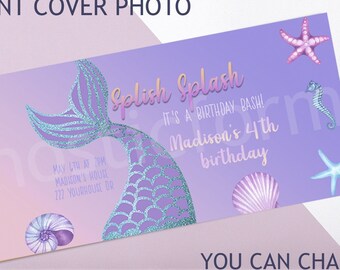 Könnte beinhalten: Ein anpassbares Facebook-Event-Titelbild mit einem Meerjungfrauen-Schwanz, Muscheln und Seesternen auf einem lila und rosa Farbverlaufshintergrund. Der Text lautet "Splish Splash Es ist eine Geburtstagsfeier! Madisons 4. Geburtstag". Sie können den Namen, das Alter, Datum/Uhrzeit und den Ort ändern.