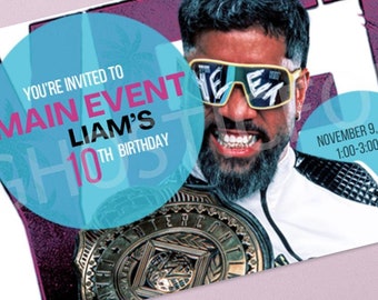 Pode incluir: Um modelo digital de foto de capa de evento do Facebook com tema de luta livre. O modelo apresenta um lutador com um cinturão de campeonato, um fundo rosa e roxo, e o texto "You're invited to Main Event Liam's 10th Birthday, November 9, 2024, 1:00-3:00PM". O texto é editável através do Canva.