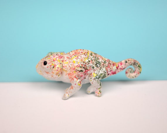 Abstract Chameleon Polymer Clay Figurine Miniature Chameleon Hand Made Abstract Painting For Chameleon Lovers Animal Totem