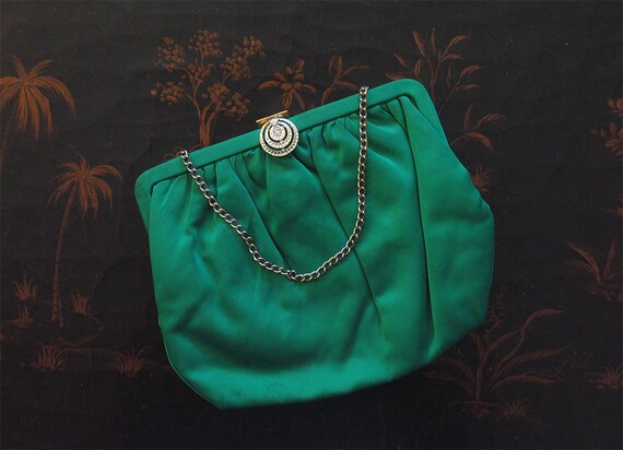 1950s Vintage Emerald Green Satin Evening Purse, 5