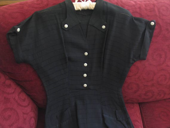 1940s Vintage Sophisticated Black Day Dress, Smart