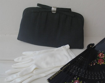 1950s Vintage Black Evening Clutch, Black Fabric 50s Purse, 50s Vintage Black Evening Bag