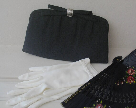 1950s Vintage Black Evening Clutch, Black Fabric 5