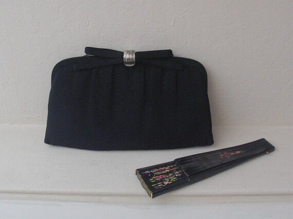 1950s Vintage Black Evening Clutch, Black Fabric … - image 3