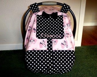 MINNIE MOUSE Fitted w/front opening & peekaboo w/bow Car Seat Canopy or blanket in several Minnie fabrics