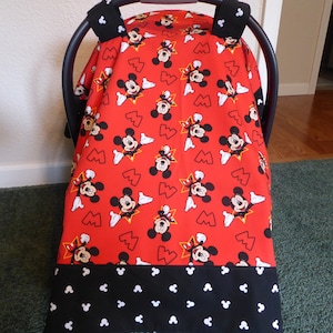 MICKEY MOUSE Baby Car Seat Canopy cover in several Mickey fabrics with or without peekaboo window
