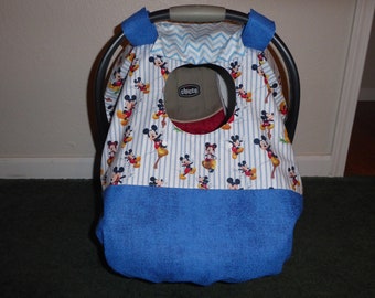 MICKEY MOUSE fitted baby car seat canopy with peekaboo window with or without full front opening or blanket