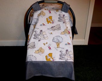 WINNIE THE POOH w/your choice gray, yellow, blue, pink border baby car seat canopy with or without peekaboo opening or blanket
