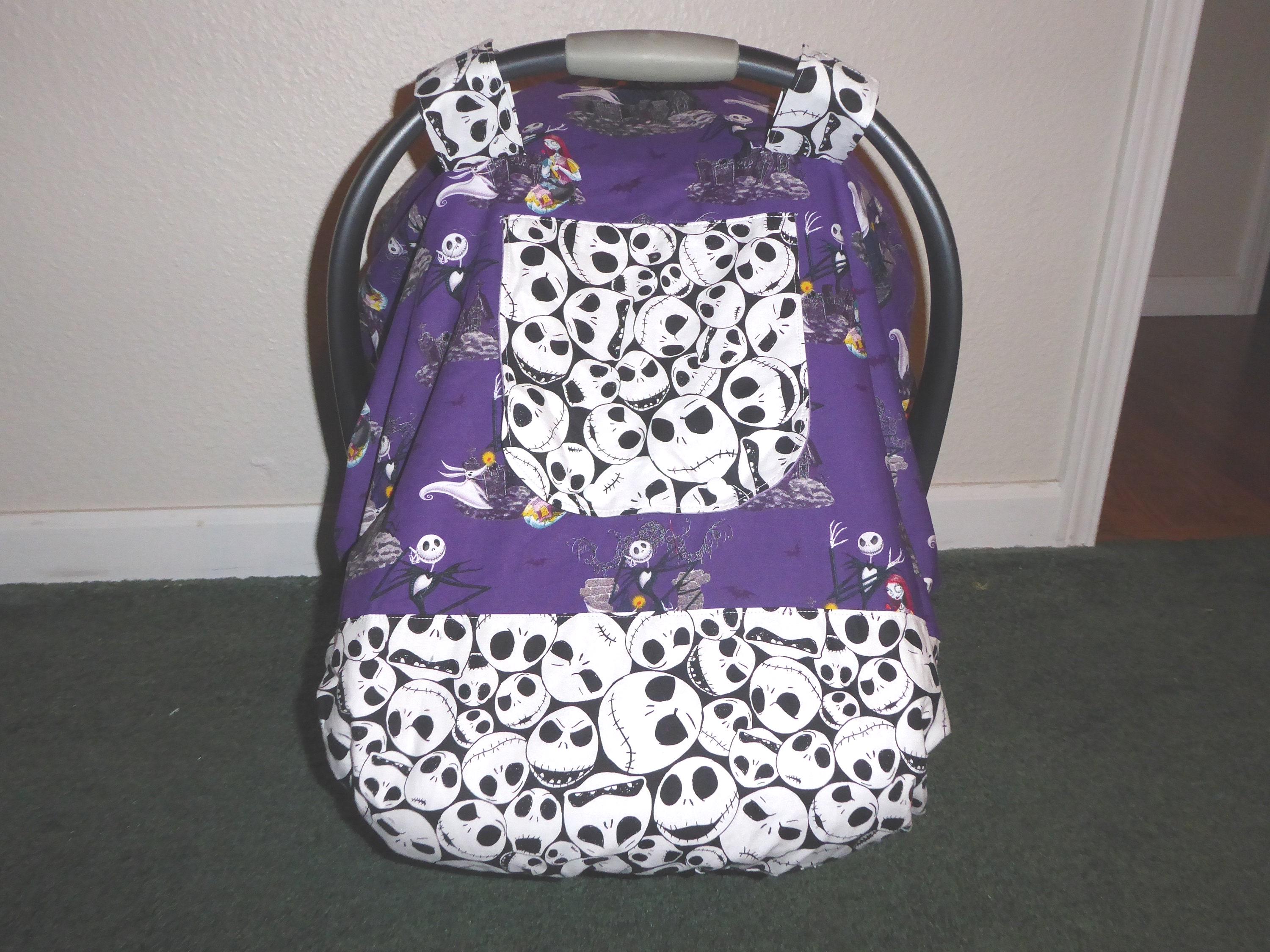 NIGHTMARE BEFORE CHRISTMAS w/or without bow fitted baby car seat canopy w/peekaboo opening or blanket