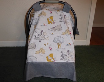 WINNIE THE POOH w/gray, yellow, blue or pink border baby car seat canopy with or without peekaboo opening or blanket