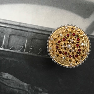 Regal 22K Gold Plated Filigree Statement Ring with Red Crystals and Pearls Elizabethan Adjustable