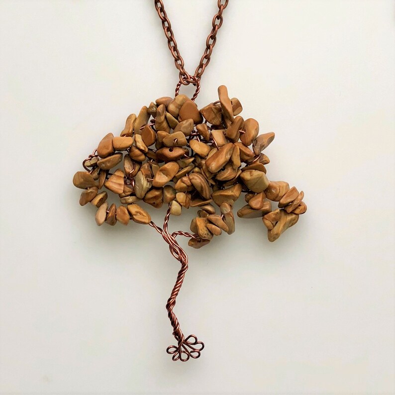Gemstone Tree Pendant Tiger Skin Jasper Tree Pendant on Antiqued Copper Wire