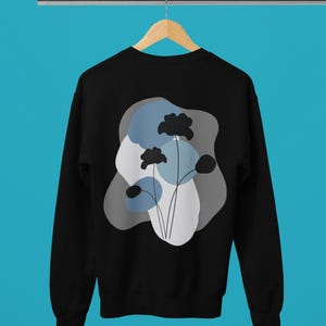 Black Flower Blue Circles Unisex Crewneck Sweatshirt, Floral Pullover, Women's Crew Neck