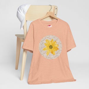 Daisy Floral Tee, Yellow Flower Shirt, Spring Garden T-Shirt, Brown Geometric Circle Top, Unisex Jersey Short Sleeve Tee