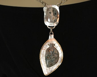 Carved Leaf Ocean Jasper Pendant, Sterling Silver Necklace, Ocean Jasper Necklace, Multi-Settings