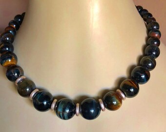 Graduated Blue Tiger&#39;s Eye Necklace, Deep Blue Tones, Sterling Silver Spacers and Toggle Clasp, Natural Gemstones, 19 1/2-Inches