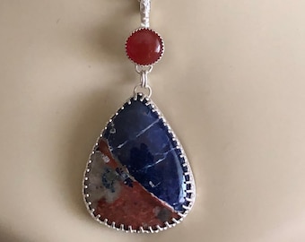 Blue-Orange Sodalite Sterling Silver Pendant: Carnelian Accent Necklace