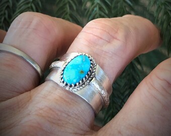 Natural Gemstone Turquoise Statement Ring, White Water Turquoise Ring, Sterling Silver Setting, Patterned Wire Accent, Size 9US