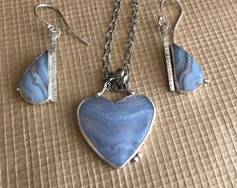 Blue Lace Agate Heart Pendant and Earring Set, Sterling Silver