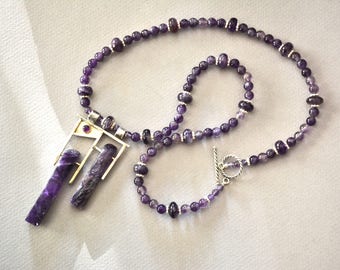 Amethyst Stick Pendant: Sterling Silver, Natural Amethyst Beaded Necklace, Artisan Jewelry
