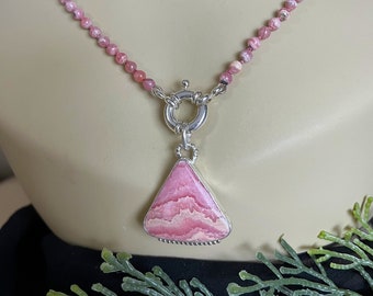 Pink Rhodochrosite Hand Knotted Beaded Necklace: Sterling Silver Clasp, Rhodochrosite Triangular Pendant Charm