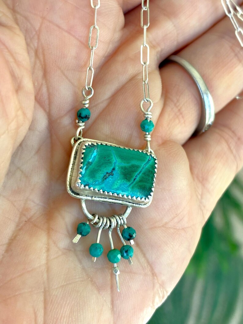Azurite Malachite Pendant, 925 Sterling Silver Chain Necklace, Turquoise Dangles image 6