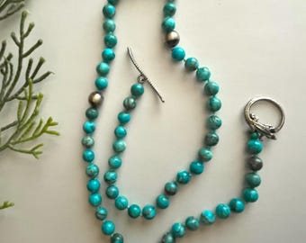 Natural Turquoise Bead Necklace: Sterling Silver Lizard Clasp, Silk Knotted