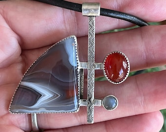 Handcrafted Botswana Agate Pendant: Carnelian, Moonstone & Sterling Silver