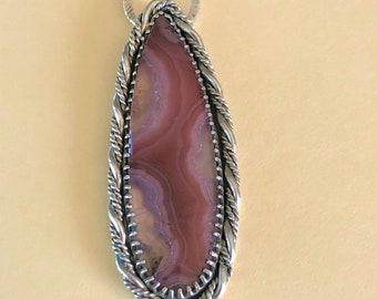 Rare Pink Banded Botswana Agate Pendant Necklace: Artisan Sterling Silver Jewelry