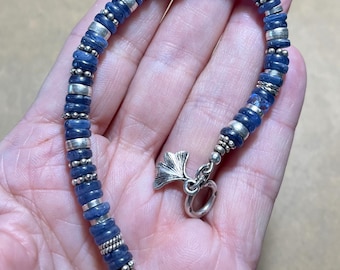 Blue Kyanite and Sterling Silver Beaded Bracelet, All Natural Gemstones