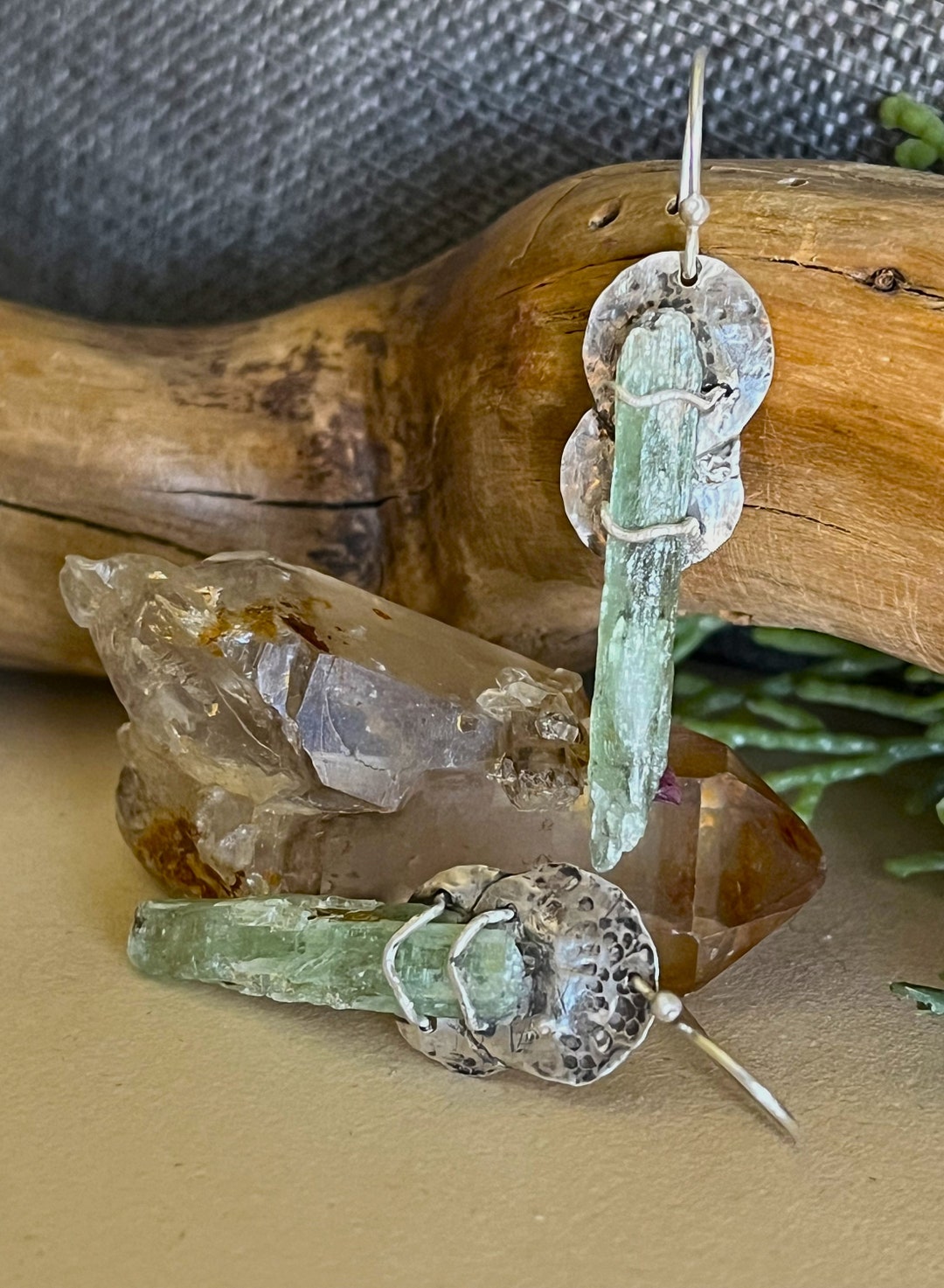 handcrafted-sterling-silver-green-kyanite-earrings-textured-gemstone