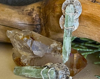 Handcrafted Sterling Silver Green Kyanite Earrings: Textured Gemstone Jewelry