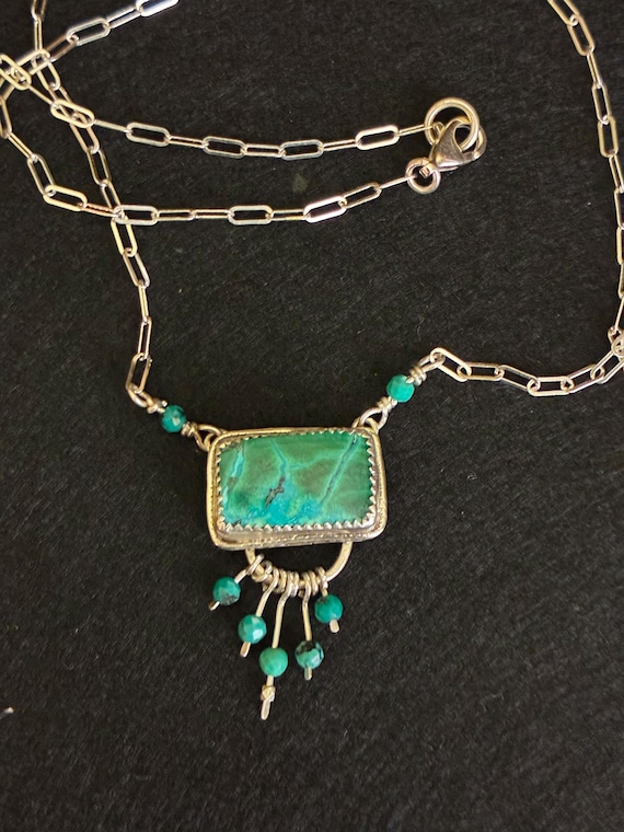 Azurite Malachite Pendant, 925 Sterling Silver Chain Necklace, Turquoise Dangles