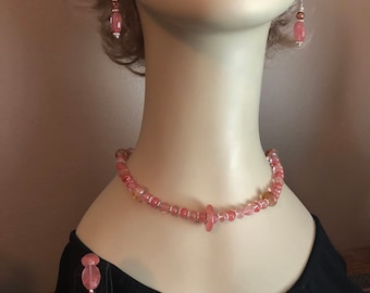 Cherry Quartz Jewelry Set: Sterling Silver Necklace, Bracelet, Earrings