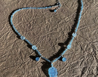 Aquamarine Bib Necklace: Carved Leaf Gemstone, Sterling Silver, March Birthstone